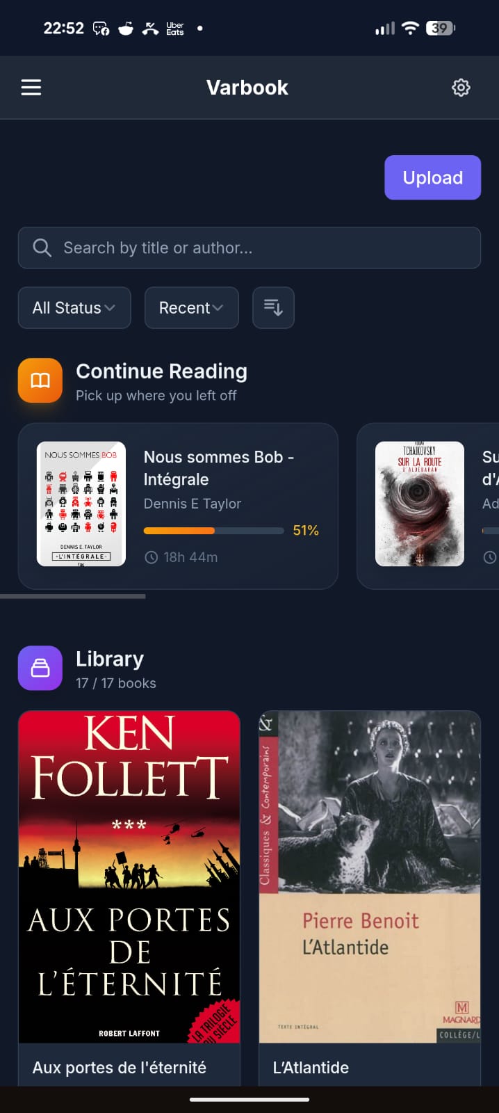 Varbook library on mobile: dark UI with a "Continue Reading" section showing progress bars and reading time, search bar, status/sort filters, and a book cover grid below