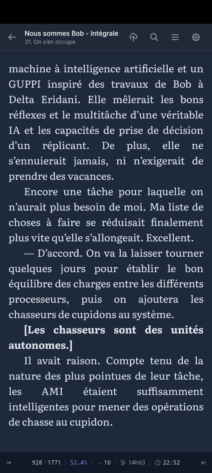 Varbook EPUB reader on mobile: dark theme, large serif font, chapter title and progress bar at the bottom showing 52.4%, reading time, and page count